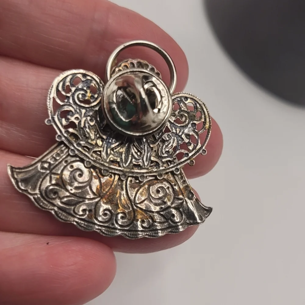 Vintage Christmas Angel Brooch Mixed Metal With Bronze Tone Faux Diamond RARE